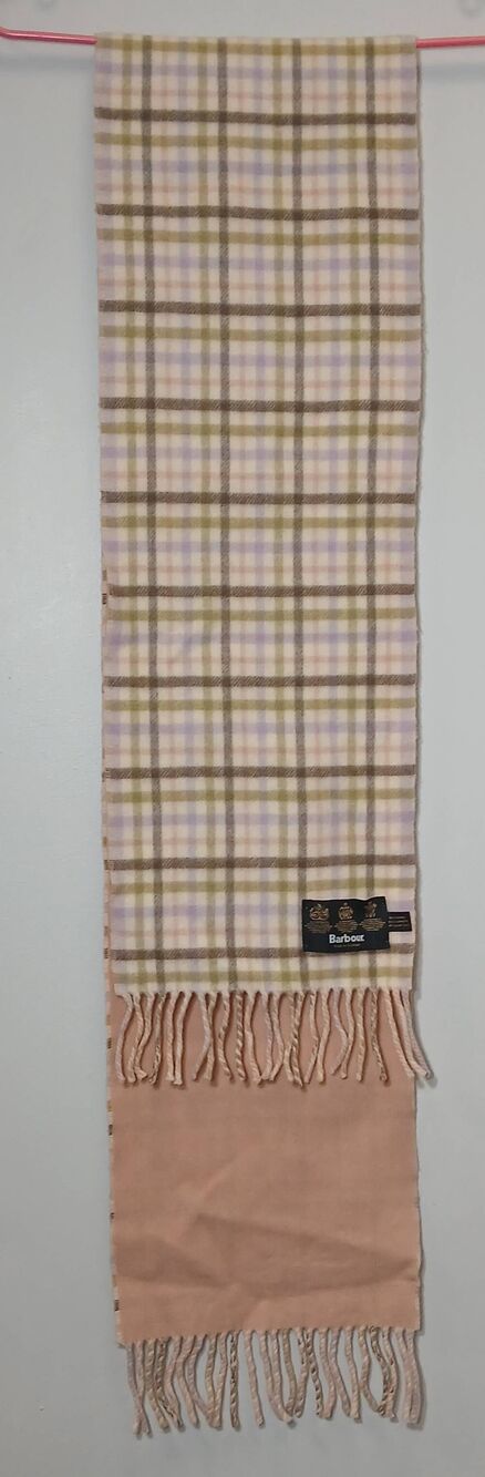 Bardot womens Scottish cashmere wool scarf long fringe brown plaid coral peach
